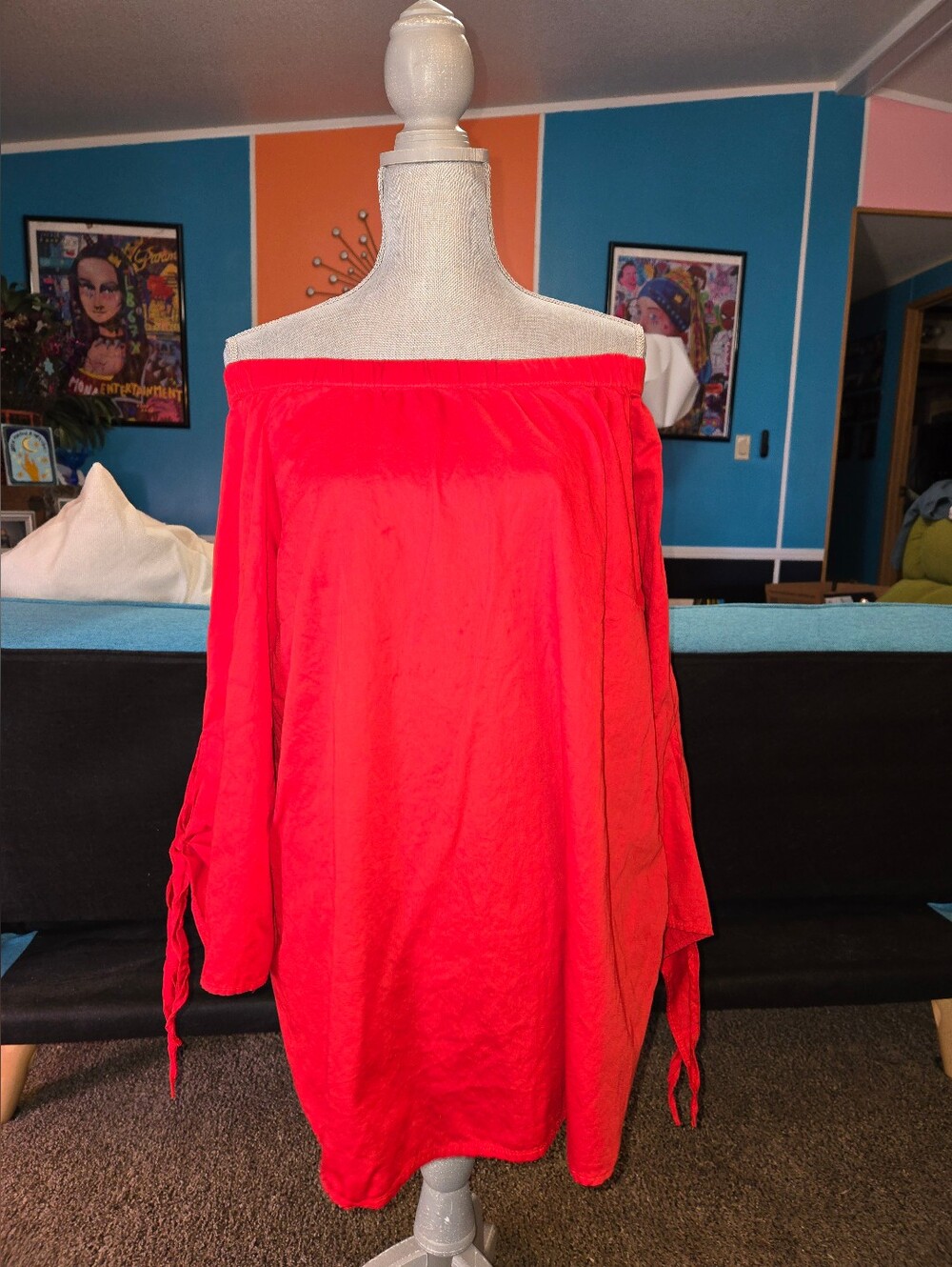 Denim 24/7 Women's Plus Size 16w Off  Shoulder 3/4 Tie Sleeve Pullover Top Red